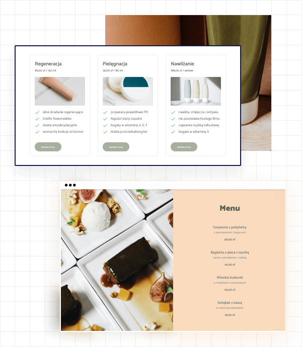 Menu i cenniki Ilustracja przedstawiająca sekcję z cennikiem produktowym oraz menu.