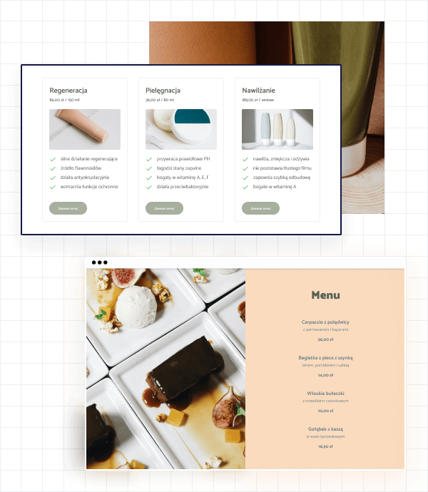  Ilustracja przedstawiająca sekcję z cennikiem produktowym oraz menu.