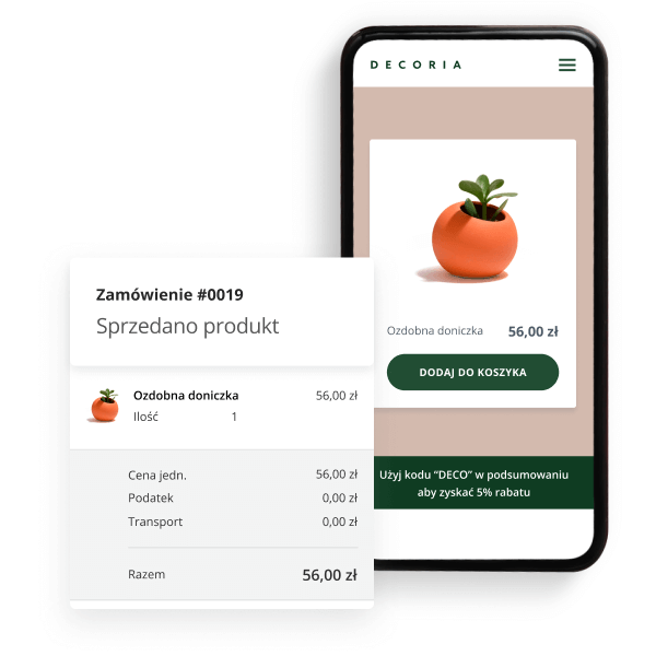 Ekran telefonu wyświetlający stronę sklepu Decoria z ozdobnymi doniczkami a obok element z podsumowaniem zamówienia.