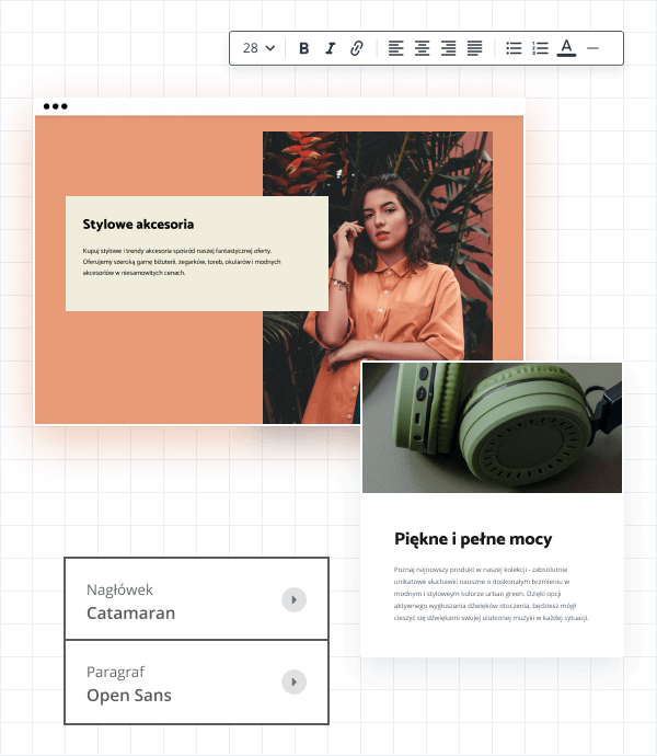 Ilustracja przedstawiająca przykładową stronę www przygotowaną w kreatorze, a pod nią elementy związane z wyborem typografii i przykładowy kafelek prezentujący produkt.