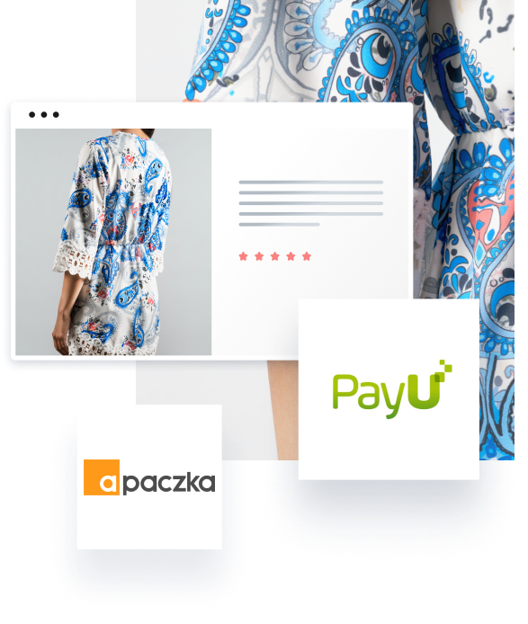 Podstrona sklepu internetowego z sukienką oraz logotypy dostawców integracji: payu, inpost, facebook