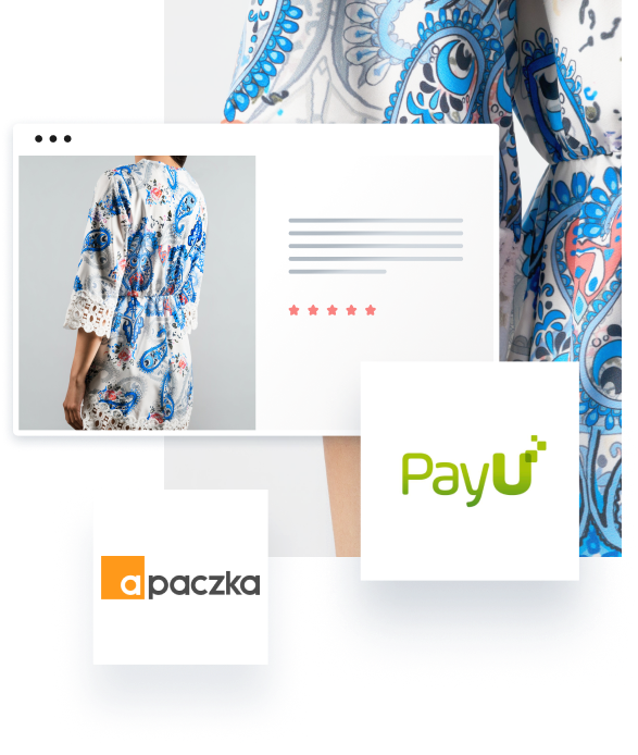 Podstrona sklepu internetowego z sukienką oraz logotypy dostawców integracji: payu, inpost, facebook Podstrona sklepu internetowego z sukienką oraz logotypy dostawców integracji: payu, inpost, facebook